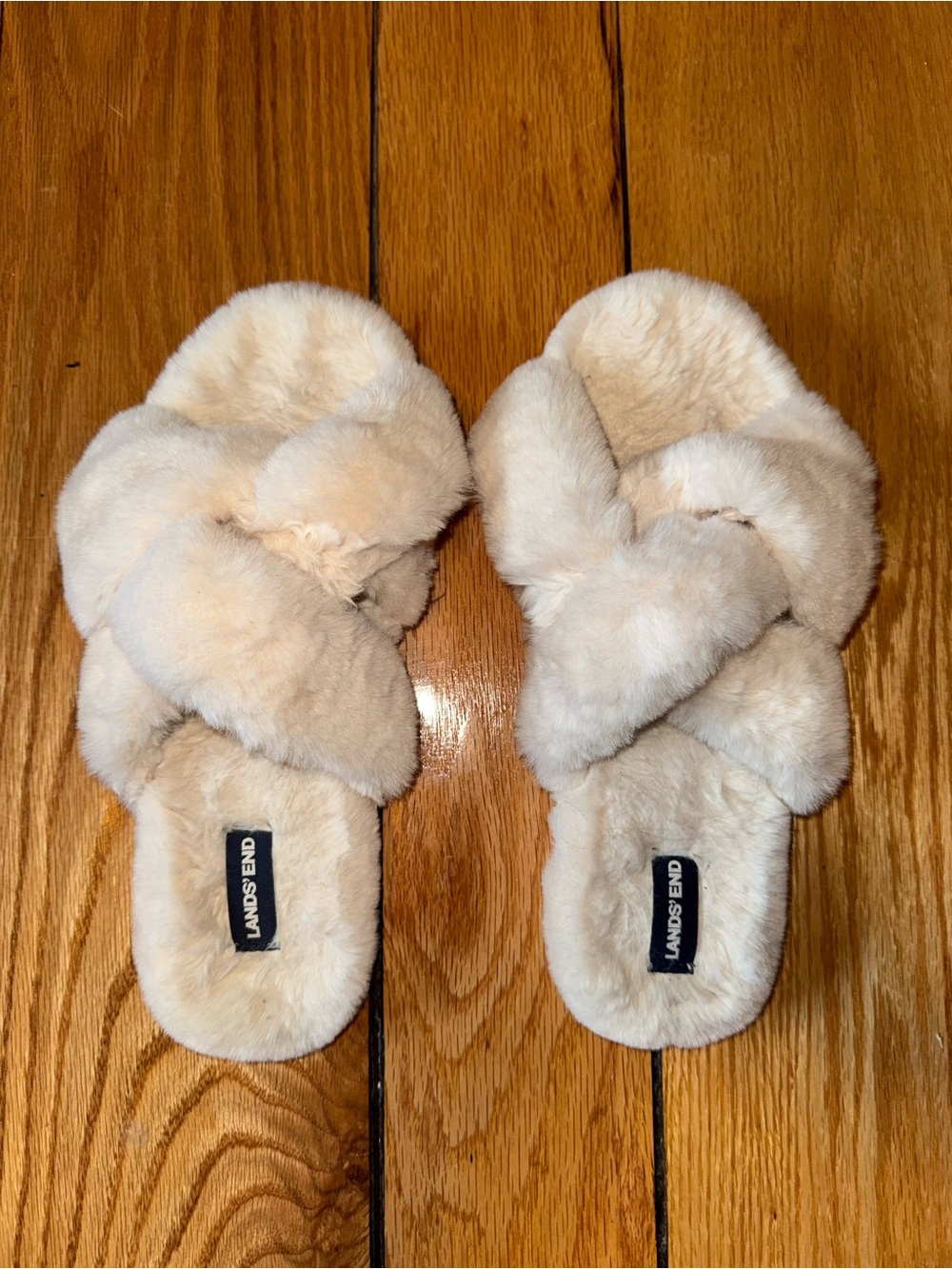 Lands' End Women's Cream Crisscross Faux-Fur Slide Slippers